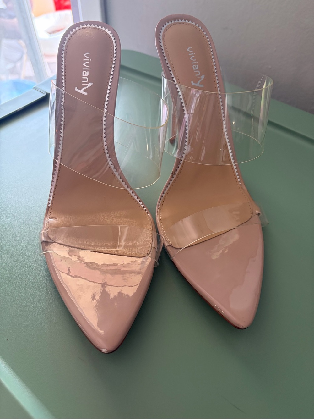 Vivianly Nude Patent Pointed-Toe Mules with Clear Straps